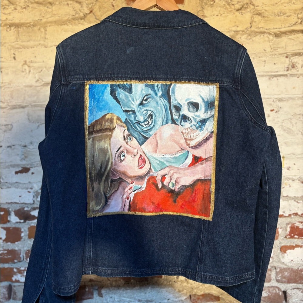 Vintage Painted Denim Jacket with Horror Art